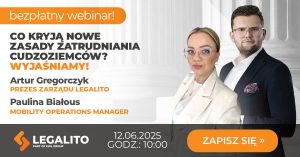 Na grafice promującej bezpłatny webinar widoczny jest napis informujący o temacie „Co kryją nowe zasady zatrudniania cudzoziemców? Wyjaśniamy!”. Po prawej stronie znajdują się dwie osoby w formalnych strojach, a po lewej informacje o prowadzących.